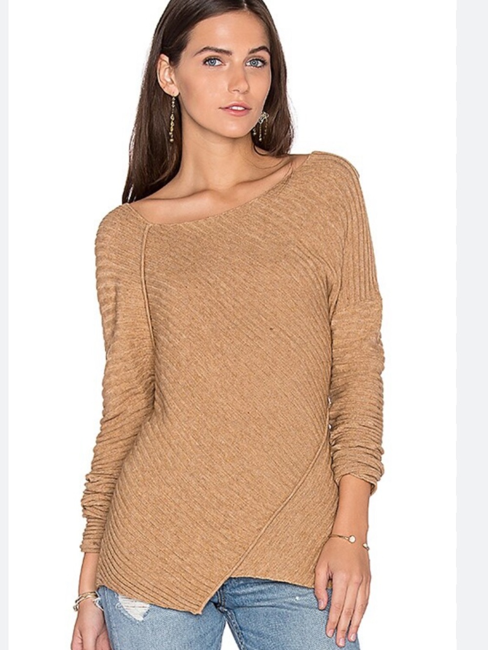Free People Tan Asymmetrical Knit Sweater XS Long sleeve